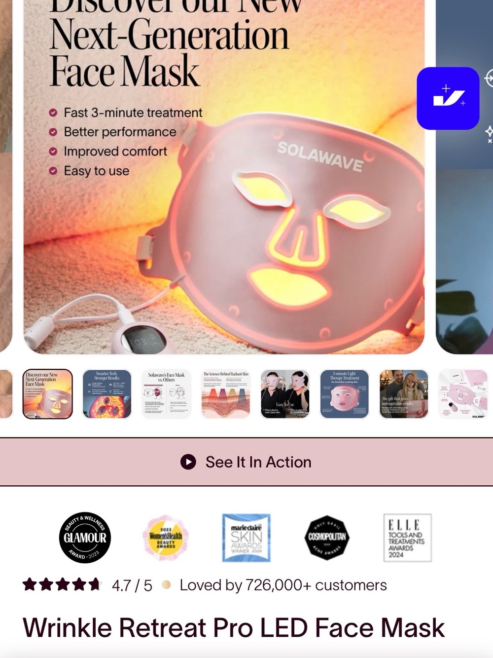 Solawave Wrinkle Retreat Pro Light Therapy Face Mask with 320 LEDs - NEW - Picture 3 of 4